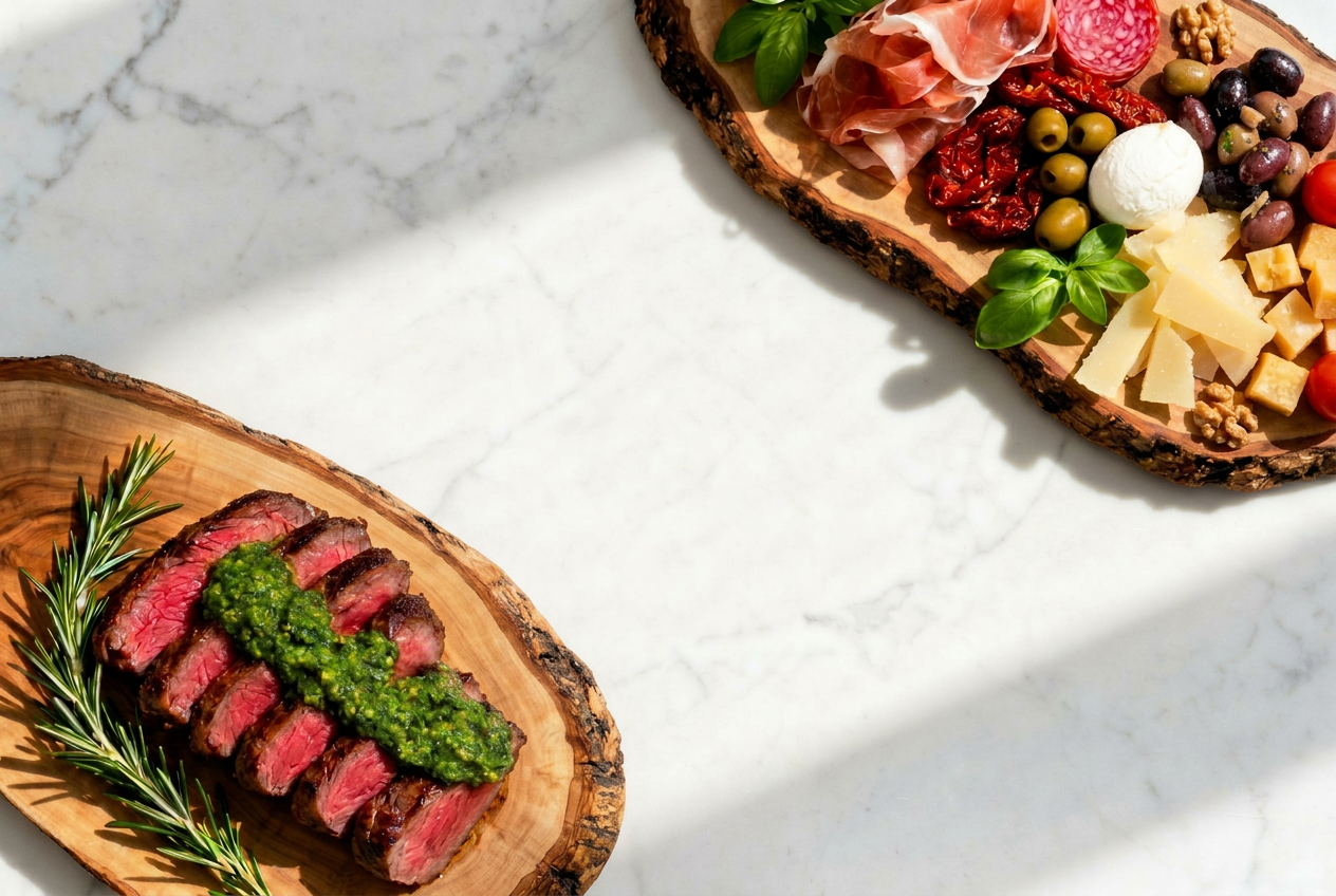 Low-carb antipasti and sliced steak with pesto sauce on kitchen sharing boards, illustrating the real-food framework used to naturally silence food noise.