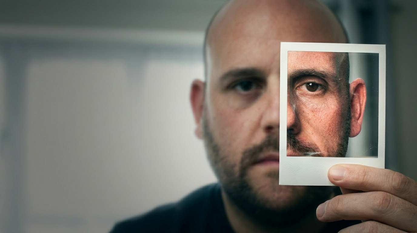Toby Hoare holding a portrait of his lean, healthy post-transformation self overlaid against a larger background image of his former 25.5 stone self.